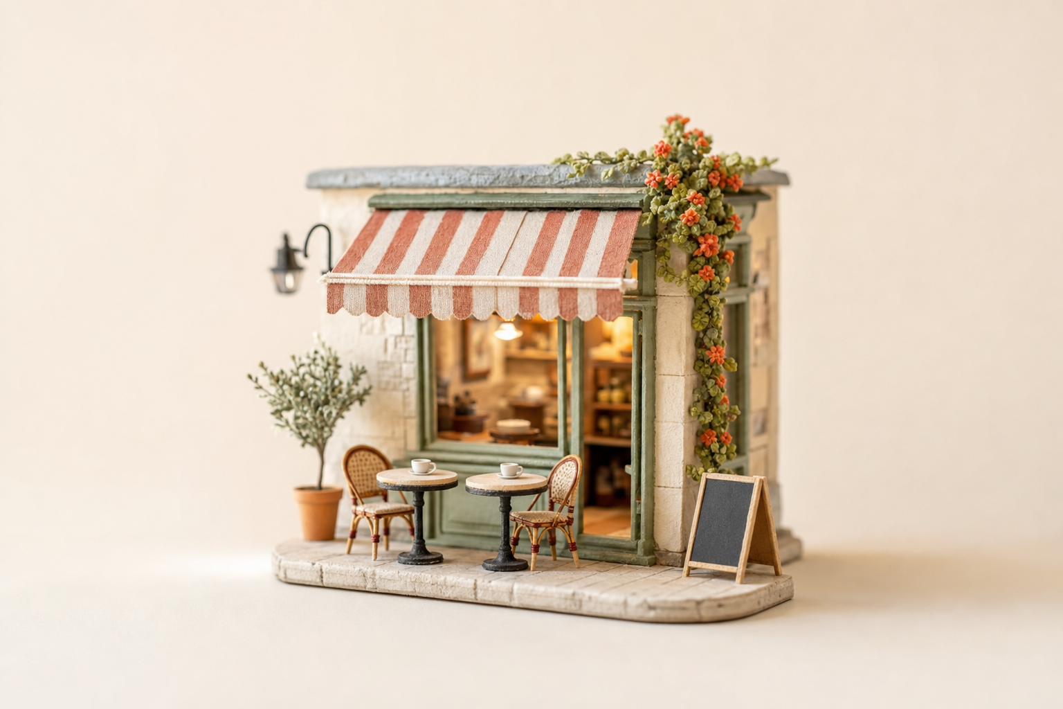 Miniature corner café with a striped awning
